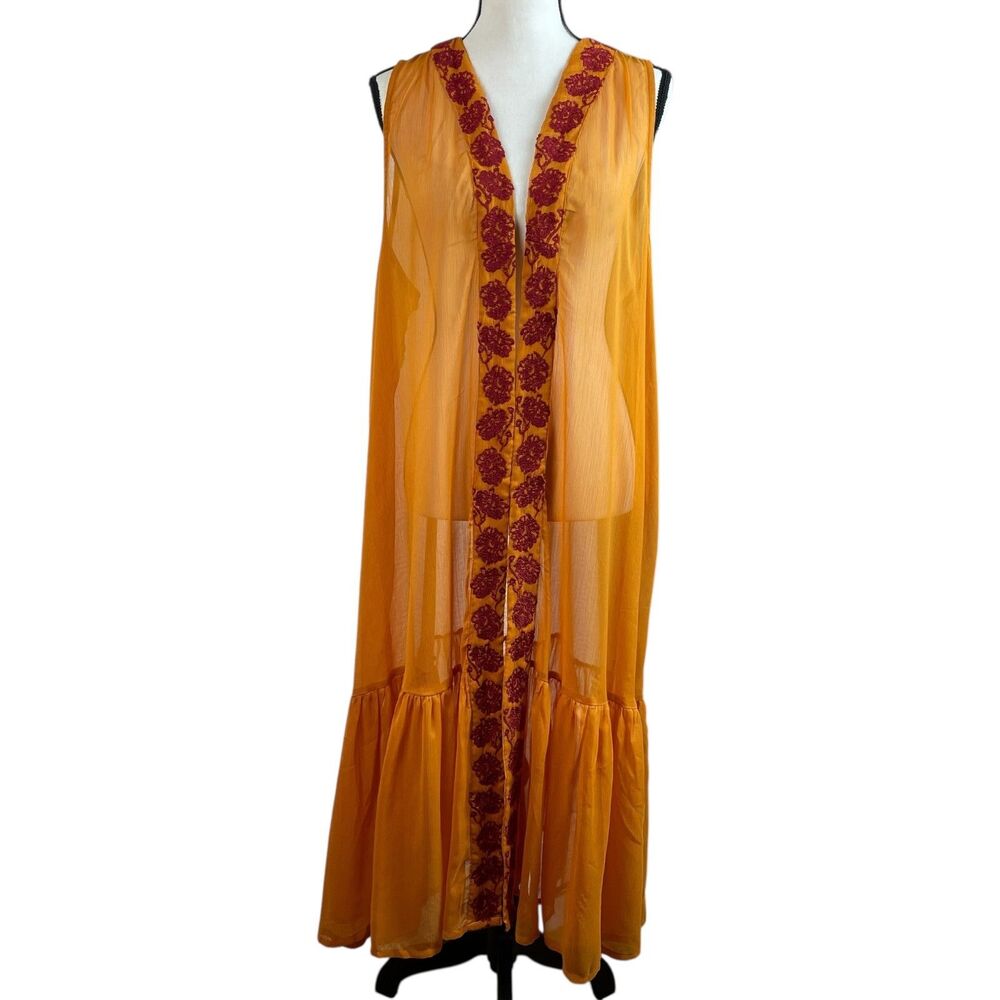 Curations Women's Duster 2X Embroidered Sleeveless Sheer Boho Layering Piece